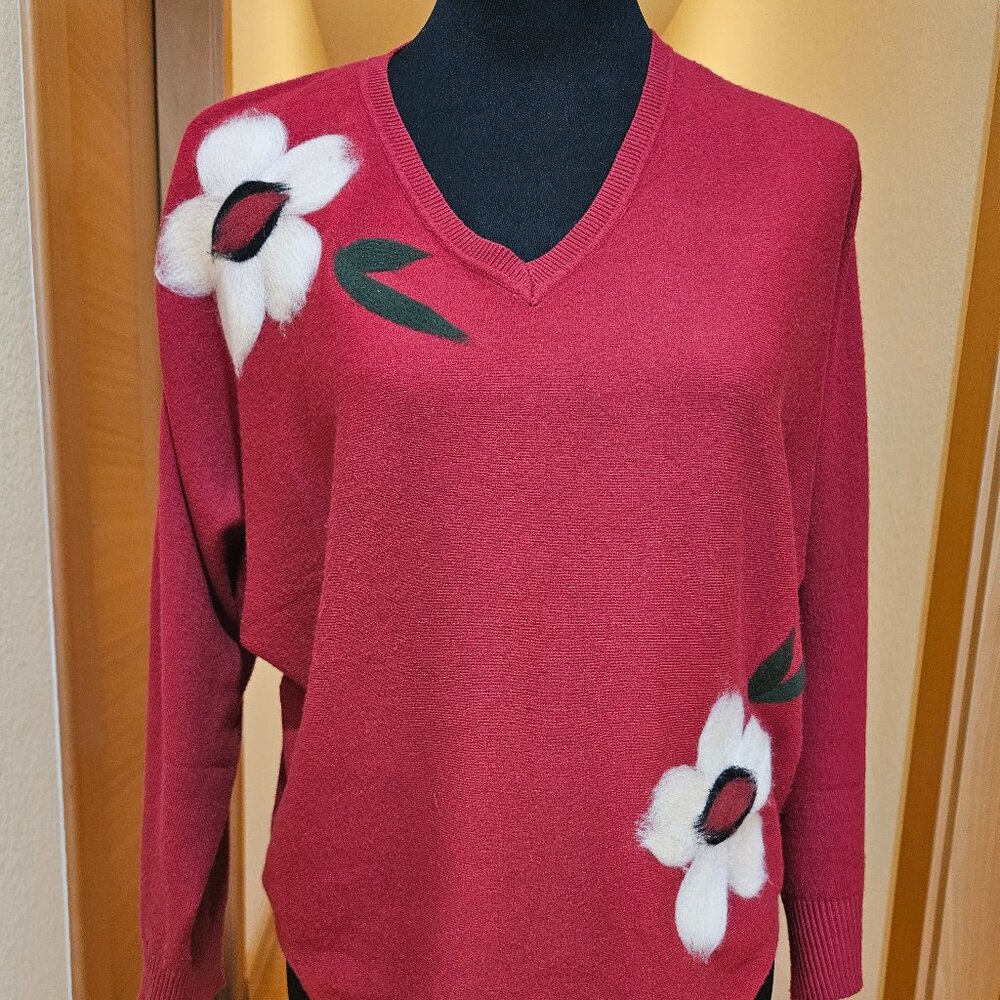 Sweater Red Embroidered Floral Flower V Neck